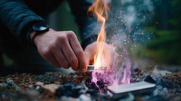 Catching fire with a spark in a forest at sunset while preparing for a camping adventure photo