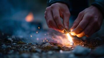 Creating fire with hands, spark igniting material on ground in nature during twilight hours photo