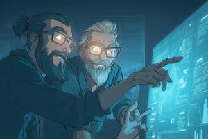 Two men analyzing data on a digital screen in a dimly lit room during a collaborative work session photo