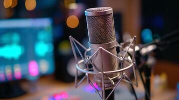 Professional microphone setup for recording audio in a modern studio environment with colorful lighting photo