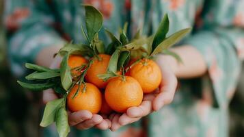 Freshly picked citrus fruits being held gently in hands adorned with green leaves in a vibrant setting photo