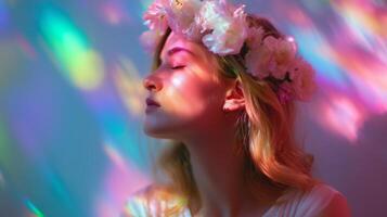 Portrait of a woman with a flower crown illuminated by colorful light reflections in a serene indoor setting photo