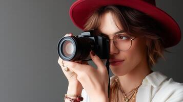 Woman capturing a moment with a camera while wearing glasses and a stylish hat in a studio setting photo