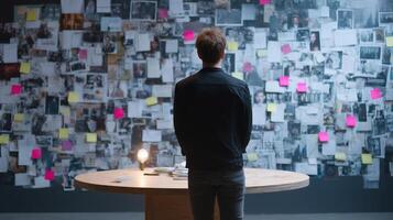 Individual analyzes a large collection of photos and notes on a wall in a dimly lit room while preparing for an investigation