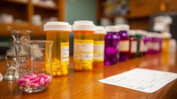 Close-up view of a pharmacy counter with various pill bottles and a measuring cup containing colorful tablets photo