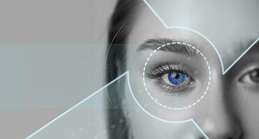 Close-up view of a human eye with a futuristic digital overlay showcasing intricate details and vibrant blue iris photo