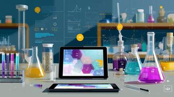 Laboratory setup with various chemical experiments and digital interface in modern research space photo