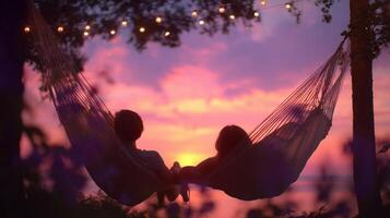 Couple relaxing in hammocks during sunset by the lake with fairy lights illuminating the scene photo