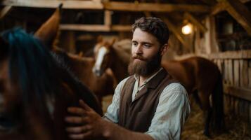 Young man caring for horses in a rustic stable during the late afternoon light photo