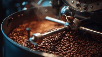 Freshly roasted coffee beans in a modern roasting machine during the morning hours in a bustling cafe environment photo