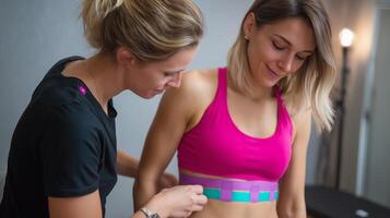 Fitness instructor applying kinesiology tape to a woman in bright workout attire during a training session at a gym photo