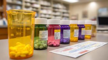 Colorful array of prescription medication bottles on a pharmacy counter in a health care setting photo