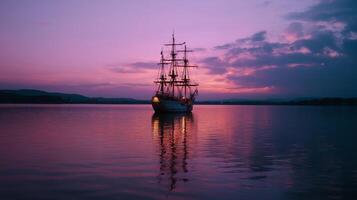 Majestic ship anchored in calm waters at sunset with vibrant colors reflecting on the surface photo