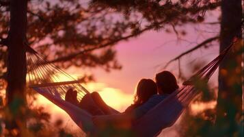 Couple relaxing in hammock during sunset surrounded by nature in a serene forest setting photo