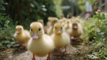 Baby ducks waddle along a garden path on a sunny afternoon, exploring their surroundings with curiosity photo