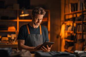 Experienced tailor examines design plans in a well-lit workshop during evening hours photo