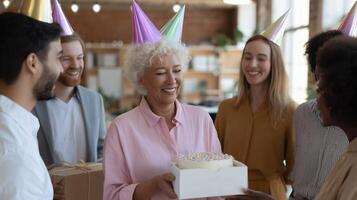 Birthday celebration with friends in a bright, cheerful space, sharing joy and cake surrounded by festive decorations photo