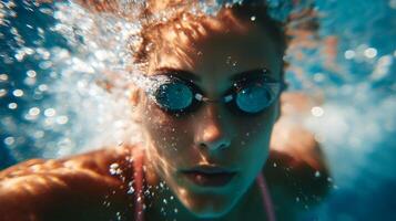 Swimmer underwater focused on technique during training session at local pool in bright midday light photo