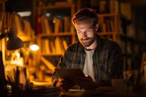 Man reads a tablet in a cozy library setting during nighttime while surrounded by books and warm light photo