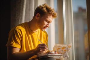 Man creating art in a sunlit room while enjoying a meal during a quiet afternoon photo