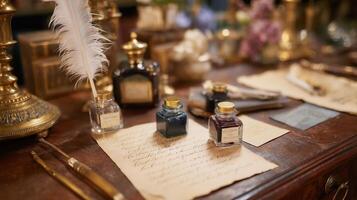 Elegant vintage writing desk with ink bottles, feather quill, and handwritten letters in a cozy study setting photo