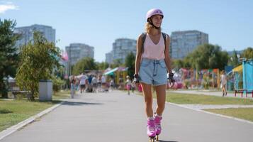 Young woman enjoys roller skating on a sunny day in a vibrant park with playful atmosphere and lively background photo