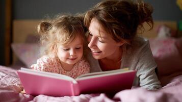 Mother enjoys quality reading time with her young daughter in a cozy bedroom setting during the evening hours photo