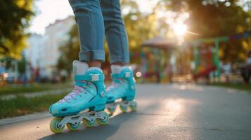 Skating on a sunny day in the park with vibrant blue rollerblades and an active atmosphere photo