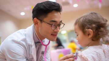 Doctor interacts with young child during a check-up at a community health event in a bright indoor space photo