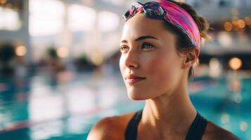 Swimmer preparing for training at an indoor pool during late afternoon light photo