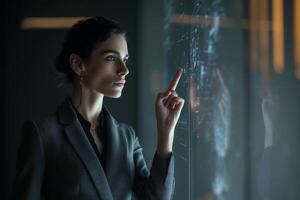 Professional woman interacts with digital interface in a modern workspace during evening hours photo