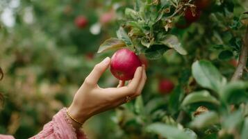 Picking ripe red apples in an orchard during autumn to enjoy fresh fruit and create homemade recipes photo