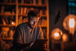 Man reads on tablet in cozy room filled with books during evening hours with warm lighting photo