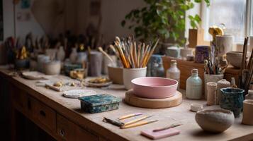Artistic workspace filled with pottery tools and creative supplies showcasing a vibrant atmosphere for craft and creativity photo