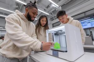 Students collaborating on 3D printing project in modern classroom during bright daytime hours photo