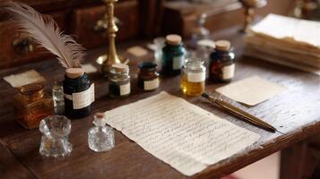 Vintage writing desk with ink bottles, parchment, and quill during a warm afternoon in a rustic study photo