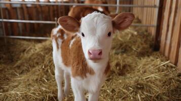 Cute calf standing in a barn surrounded by straw at a farm during the day photo