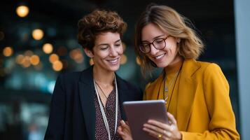 Two women engaged in a collaborative discussion while reviewing digital content in a modern office setting photo