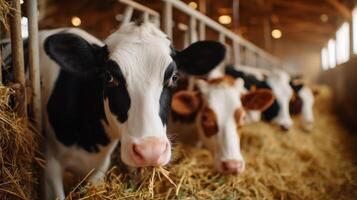 Cows feeding in a spacious barn during the afternoon in a rural setting photo