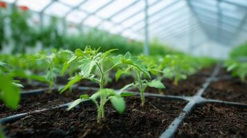 Young tomato plants thriving in a greenhouse environment with sunlight filtering through photo