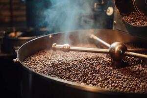 Coffee roasting process captures rich aroma and texture in a bustling cafe setting photo