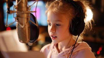 Young girl records voice in a studio while wearing headphones and focused on the script during a creative session photo
