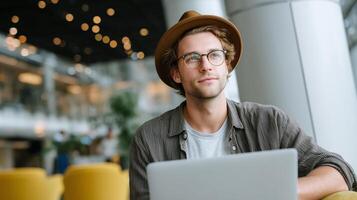 Young man wearing glasses and hat working on a laptop in a modern workspace with warm lighting and vibrant decor photo