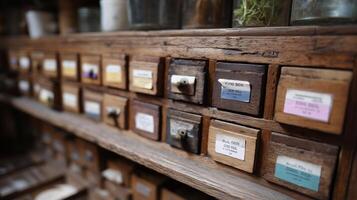 Wooden drawer cabinet filled with labeled storage boxes in a quaint workshop setting photo