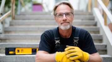 Skilled worker sits on stairs with tools while taking a break at a construction site during daylight hours photo