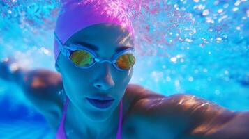 Young woman swims underwater in a pool wearing a pink cap and goggles during a sunny day photo