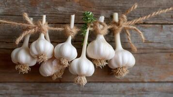 Freshly harvested garlic bulbs hanging from twine against a rustic wooden background in a farm setting photo
