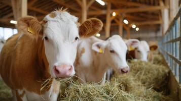 Cows eating hay in a spacious barn during the afternoon in a rural farm setting photo