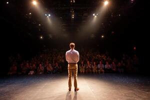 Actor performs on stage in front of an engaged audience at a theater during an evening show photo