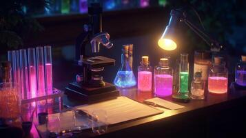 Colorful laboratory setup with glowing liquids and a microscope at night photo